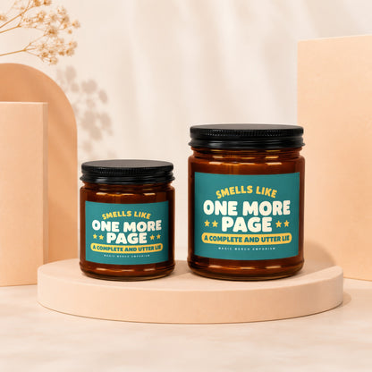 Two amber jars with black lids, featuring labels that read "Smells Like One More Page A Complete and Utter Lie".