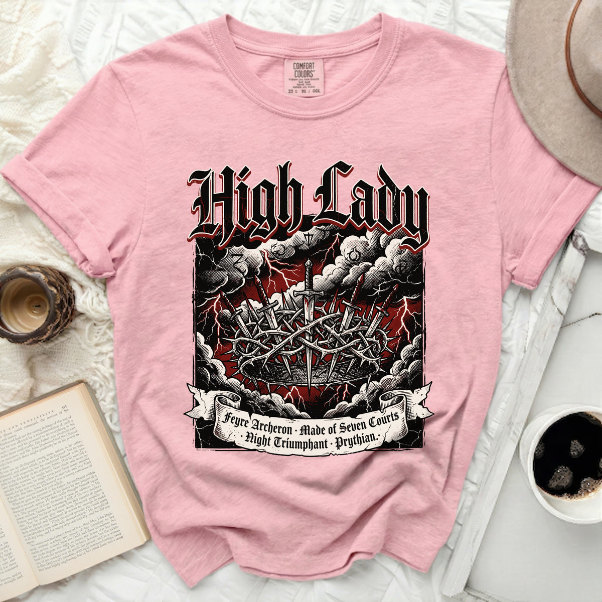 Pink t-shirt with "High Lady" and sword crown design.