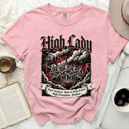 Pink t-shirt with "High Lady" and sword crown design.