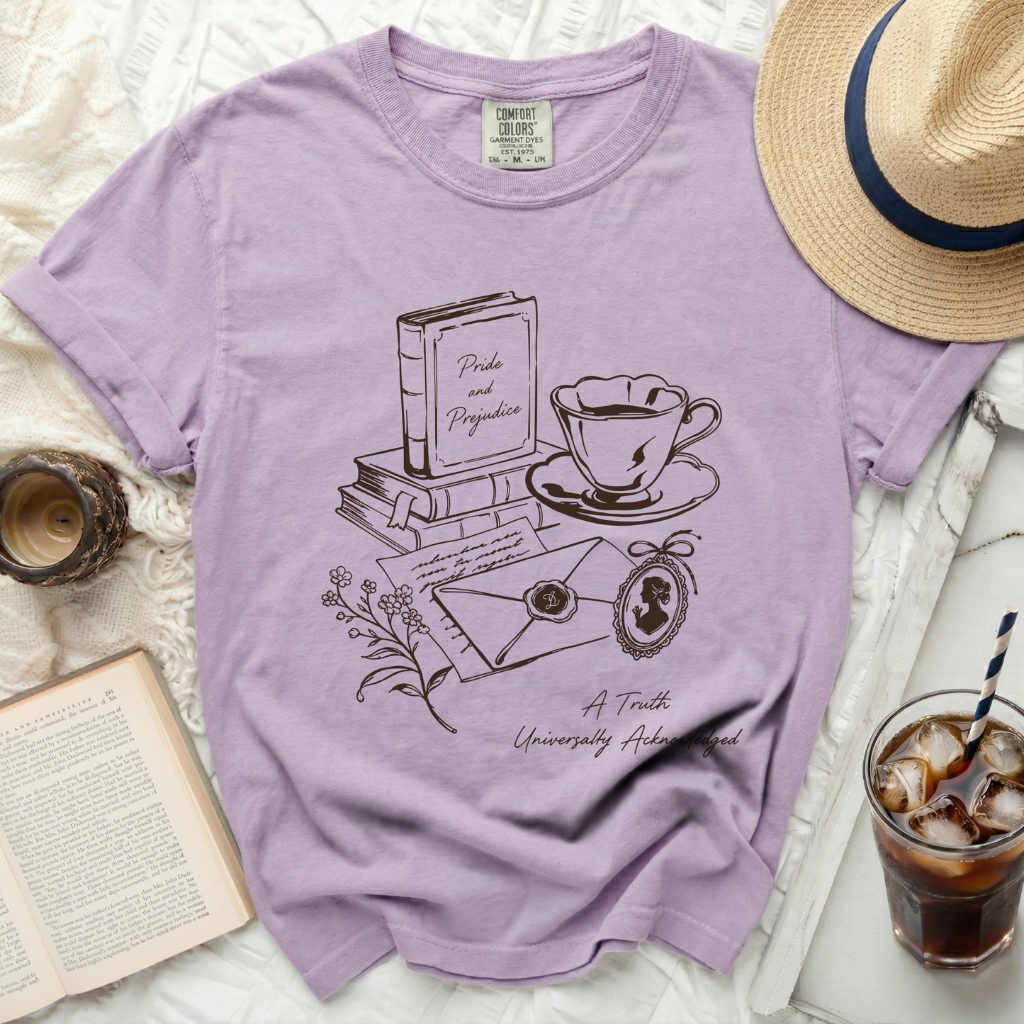 Purple Comfort Colors tee with "Pride and Prejudice" literary graphic.