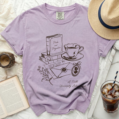 Purple Comfort Colors tee with "Pride and Prejudice" literary graphic.