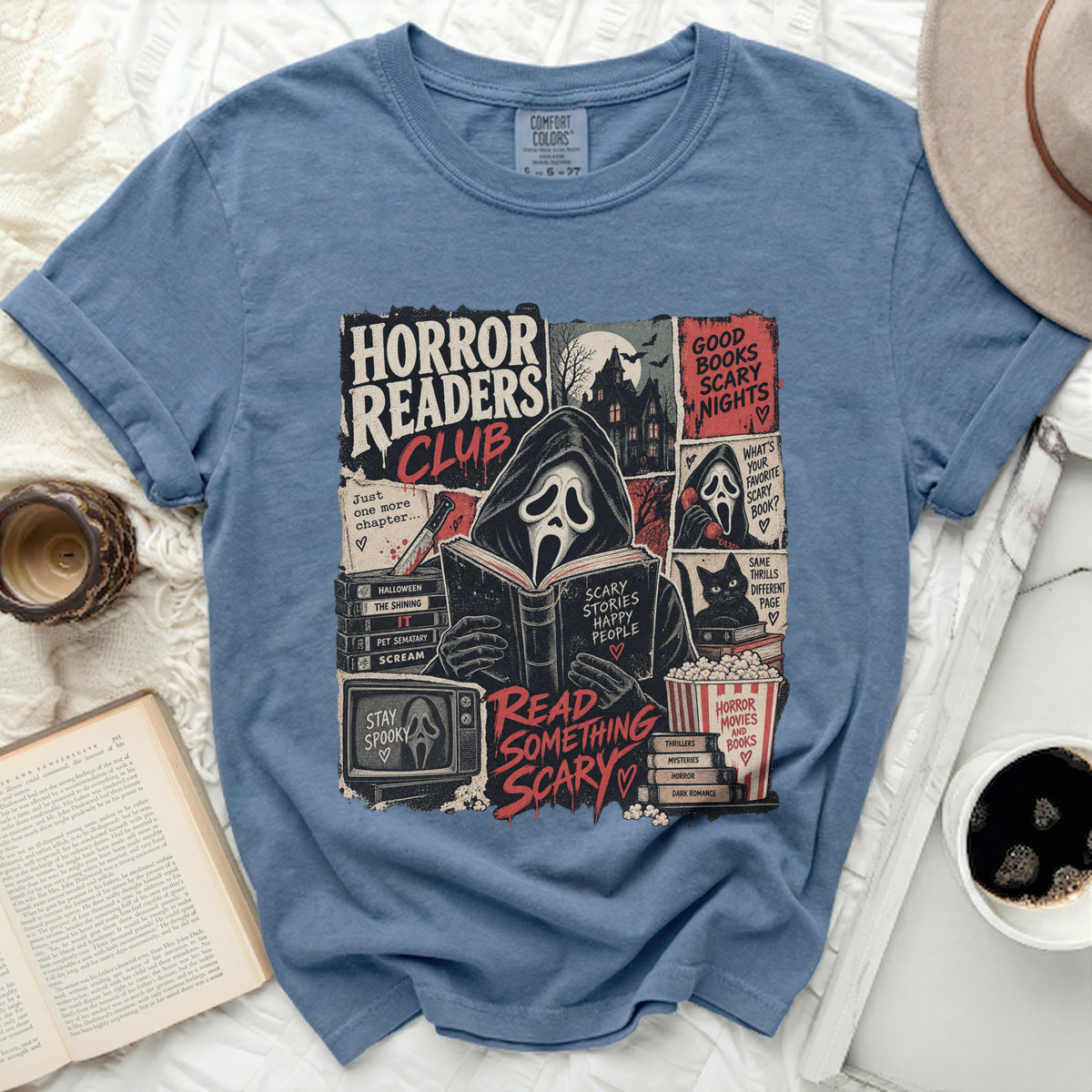 Horror readers club t-shirt with grim reaper, books, and horror movie themes.