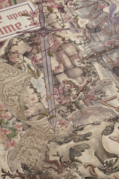The image is a detailed tapestry or embroidered piece featuring a sword, floral patterns, and other intricate designs.