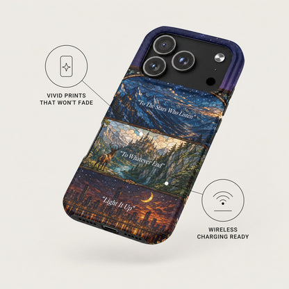 An iPhone case features a stained-glass fantasy landscape with three quotes, highlighting vivid prints and wireless charging.