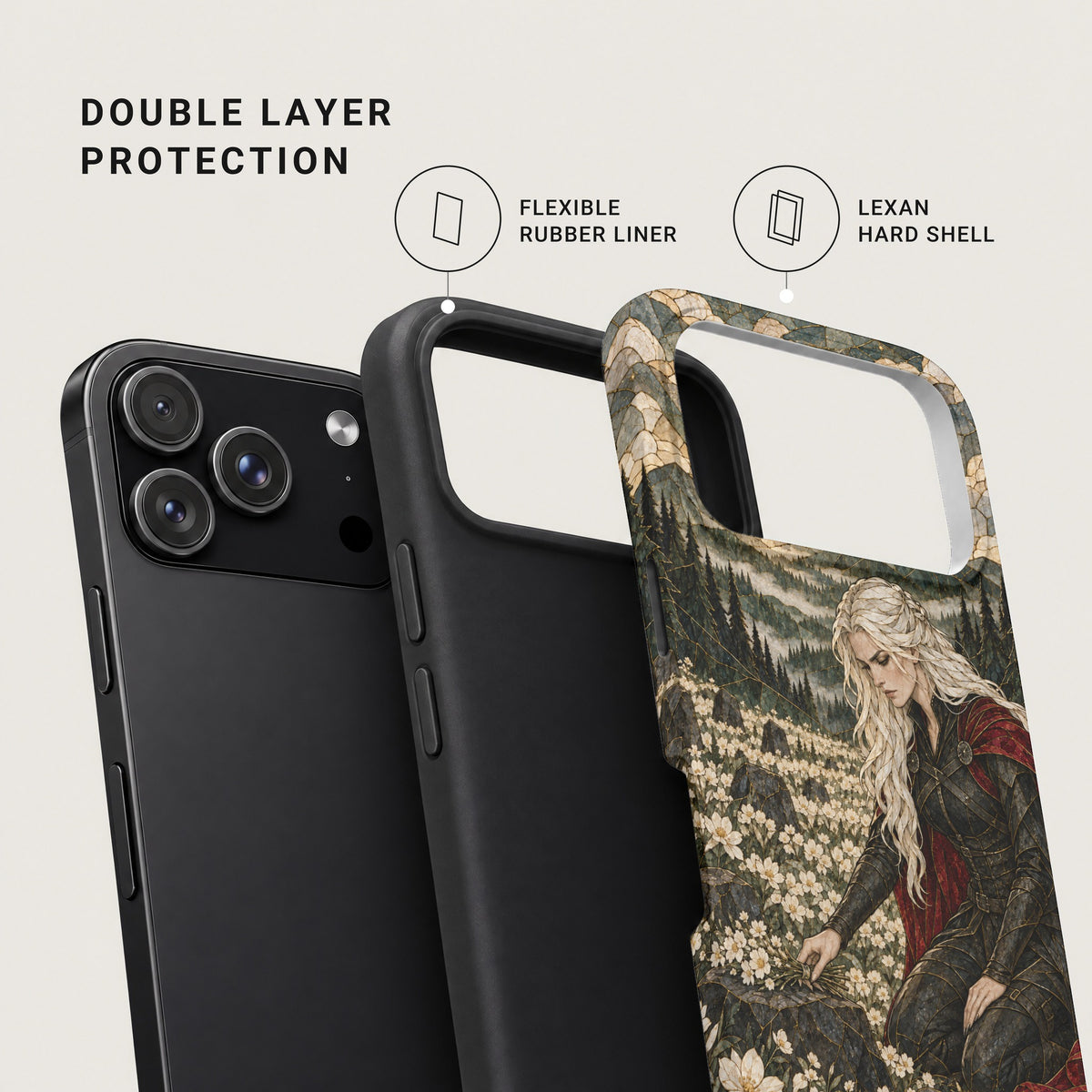 An exploded view of a double layer phone case with a flexible rubber liner and a printed hard shell.