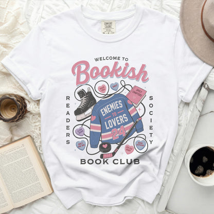 White t-shirt with "Bookish Readers Society" slogan, book-themed graphics.