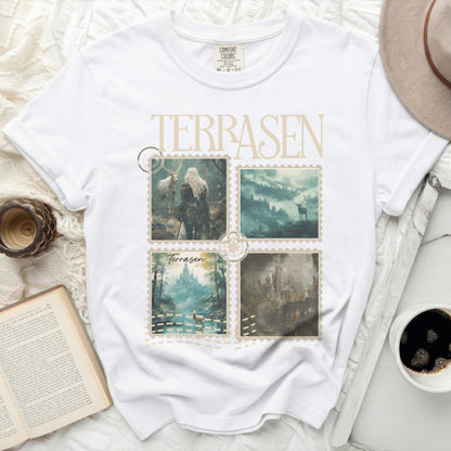White t-shirt with four postage stamps featuring fantasy art and "Terrasen" text.
