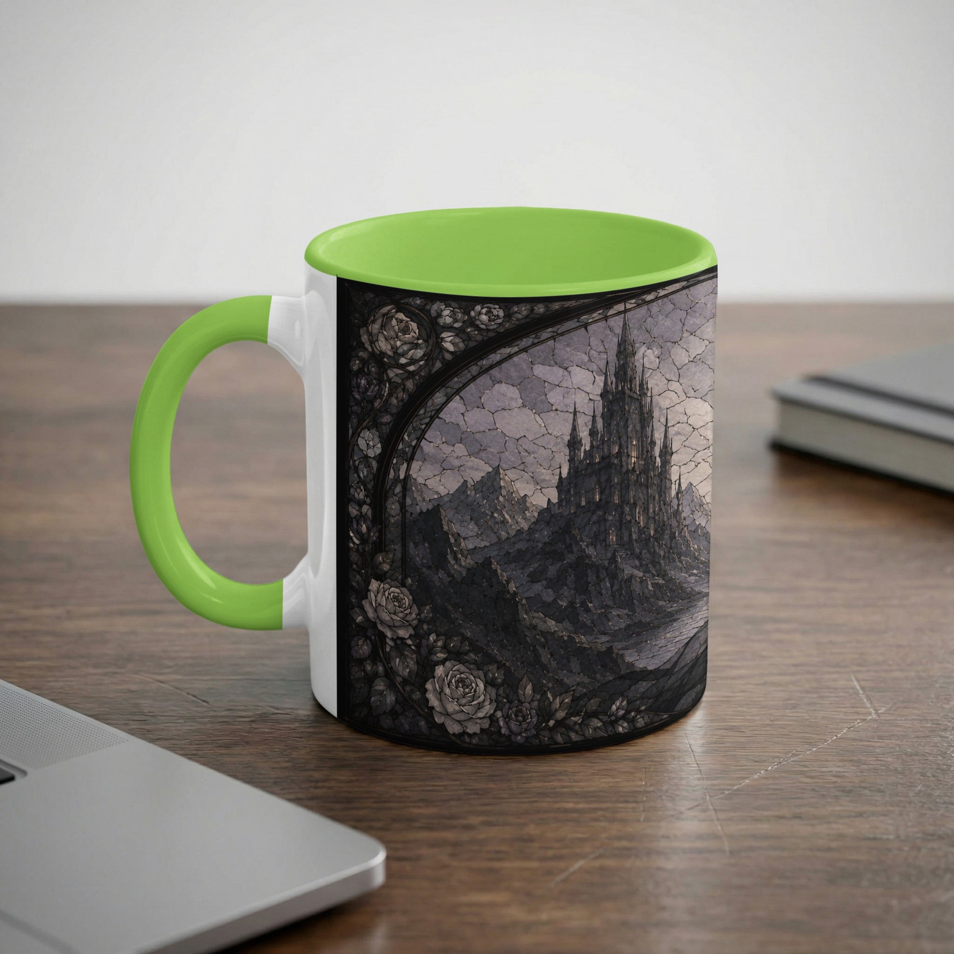 White mug with green handle featuring a dark, gothic castle and roses design.