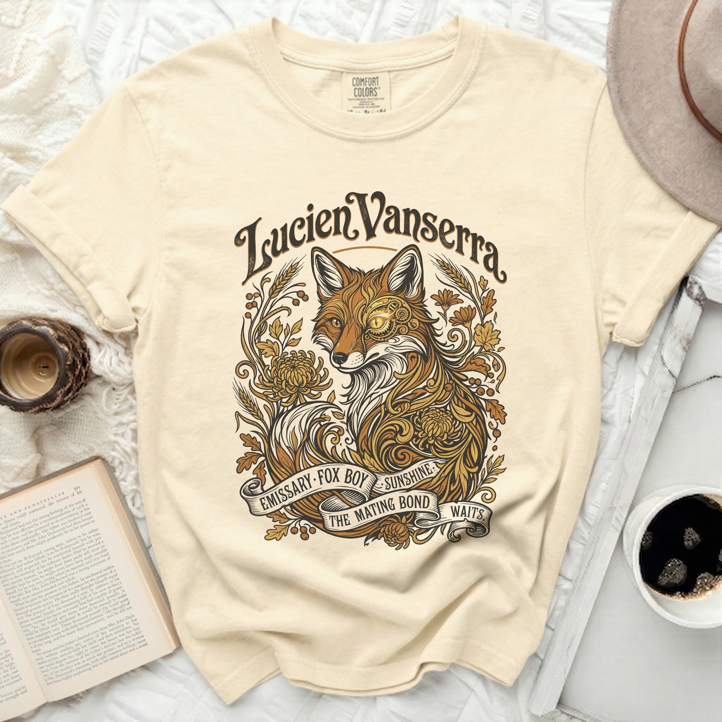 Cream t-shirt with a "Lucien Vanserra" fox design, "Emissary Fox Boy Sunshine The Mating Bond Waits".