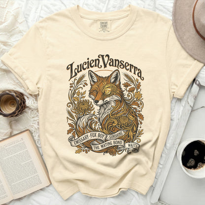 Cream t-shirt with a "Lucien Vanserra" fox design, "Emissary Fox Boy Sunshine The Mating Bond Waits".
