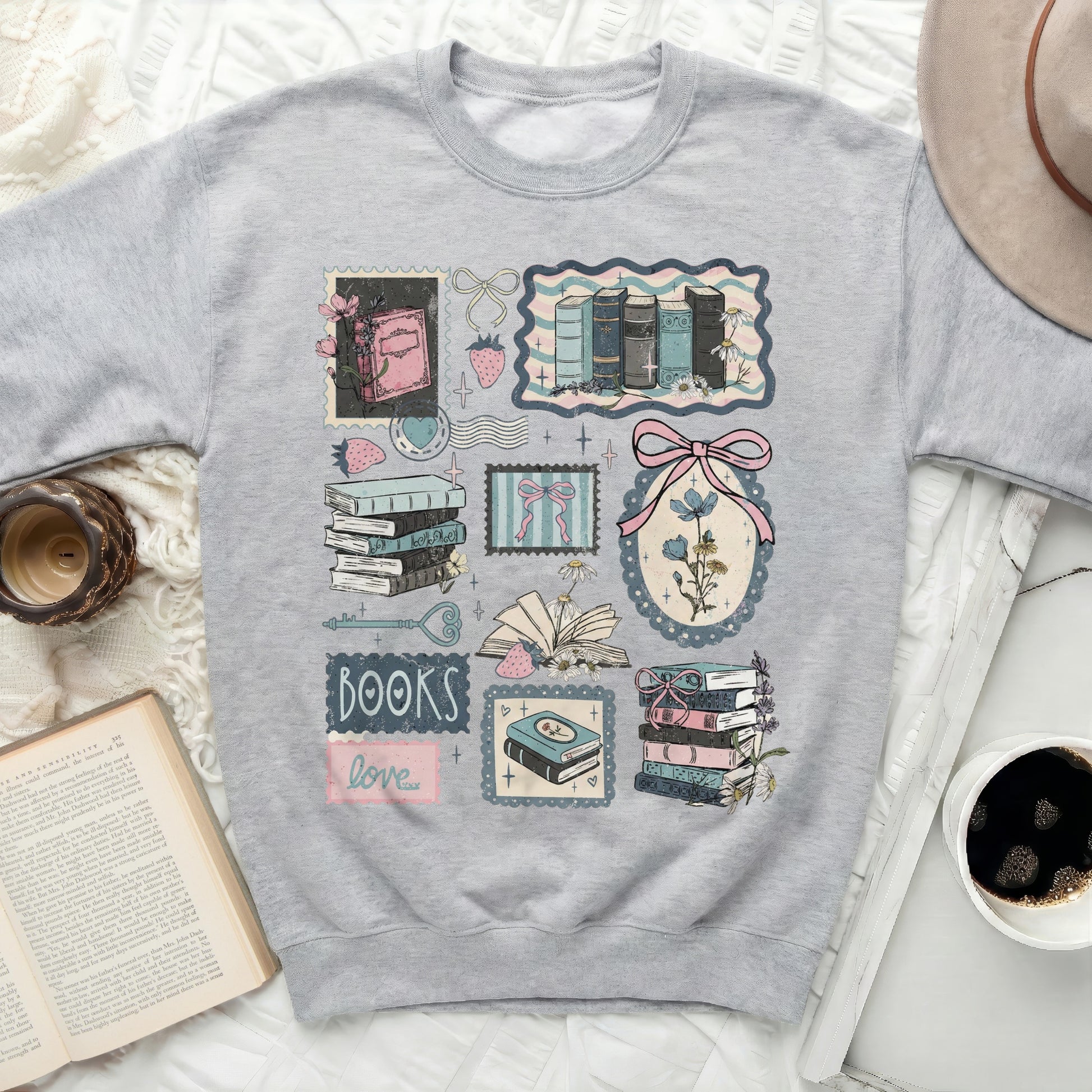 Cozy Grey Sweatshirt with Vintage Bookshelf Design