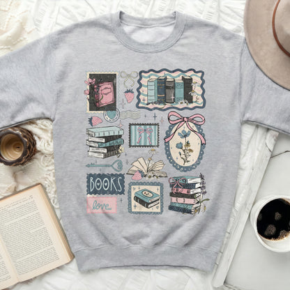 Cozy Grey Sweatshirt with Vintage Bookshelf Design
