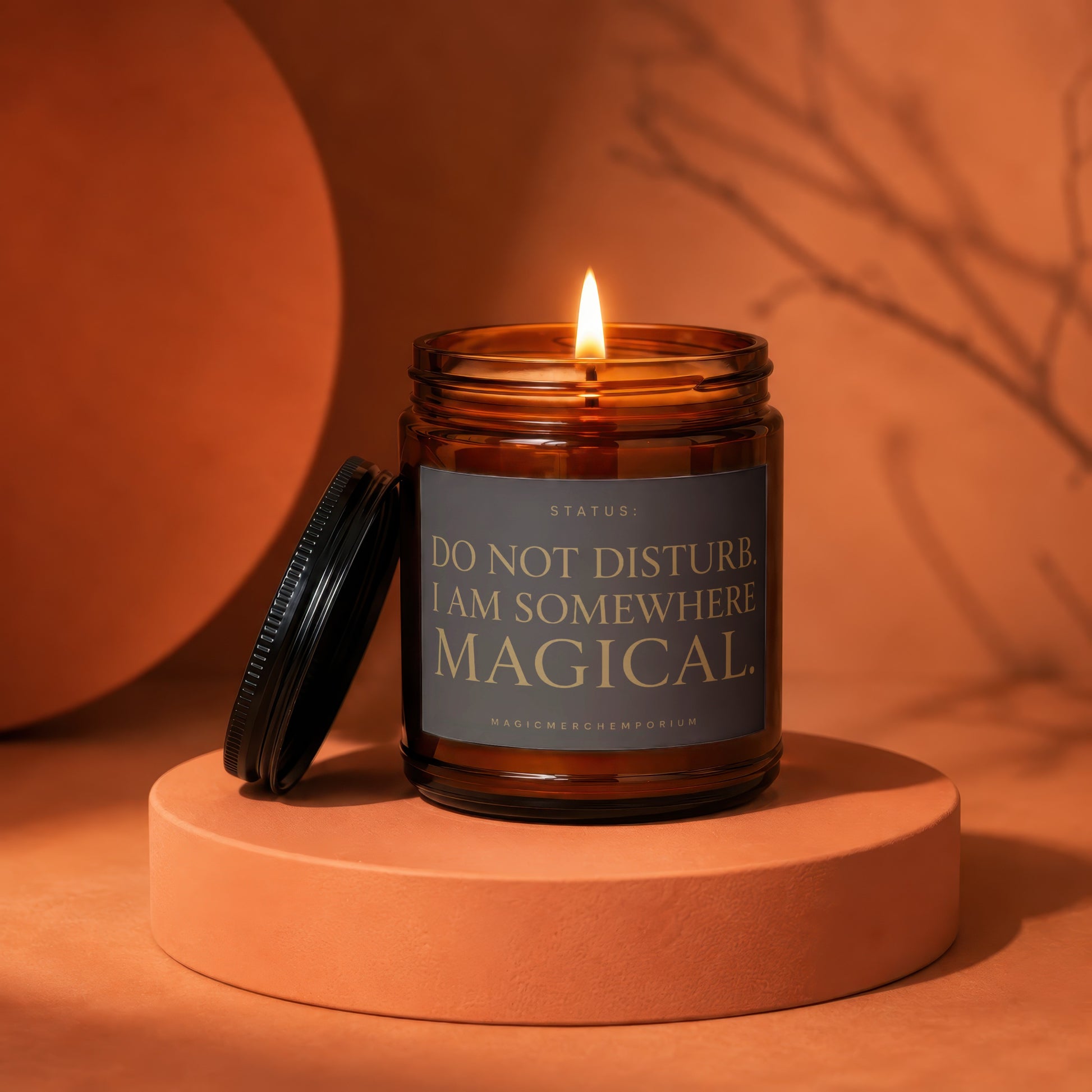 Amber jar candle with lit flame reads "DO NOT DISTURB. I AM SOMEWHERE MAGICAL."