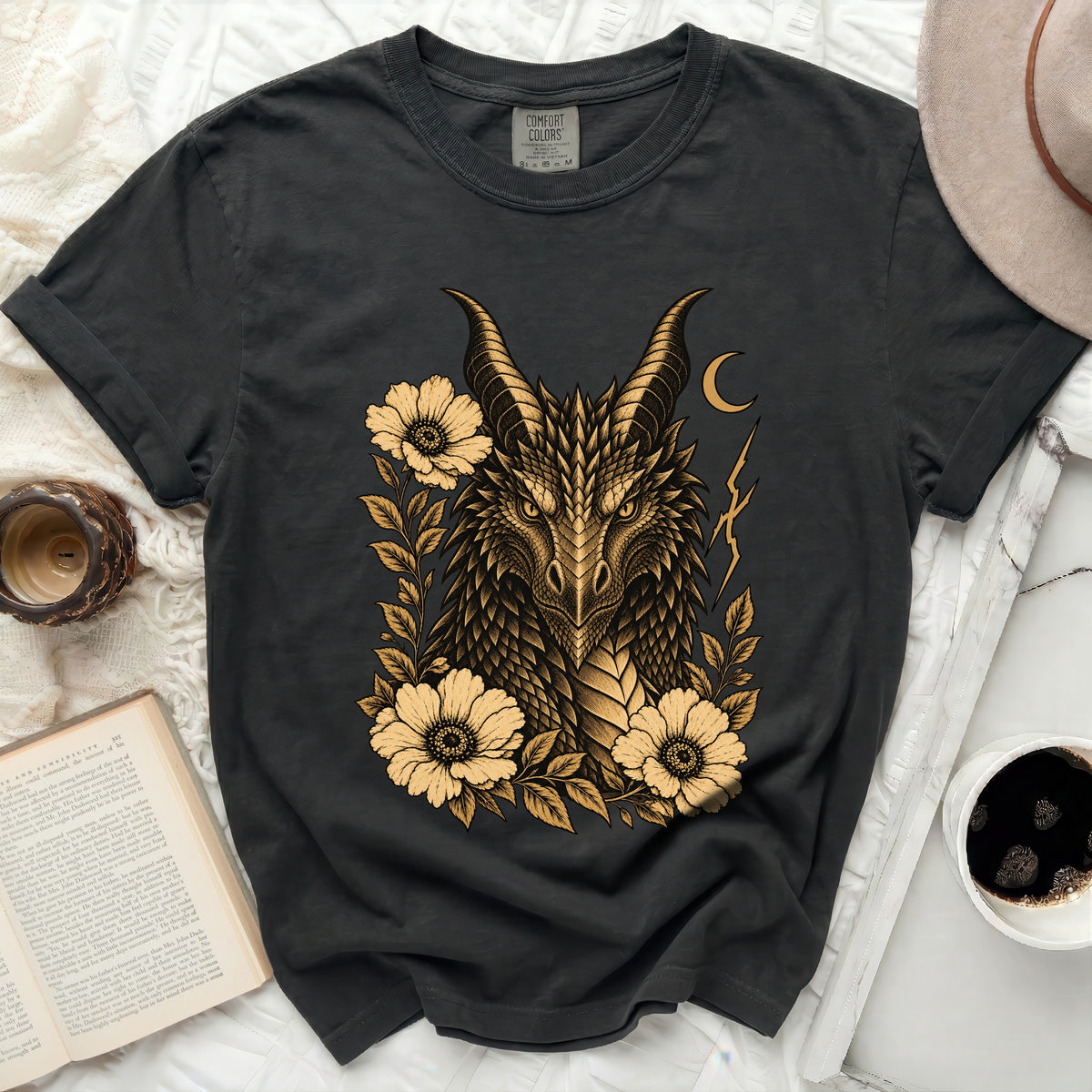 Dark grey t-shirt with gold dragon, floral, moon, and lightning graphic.