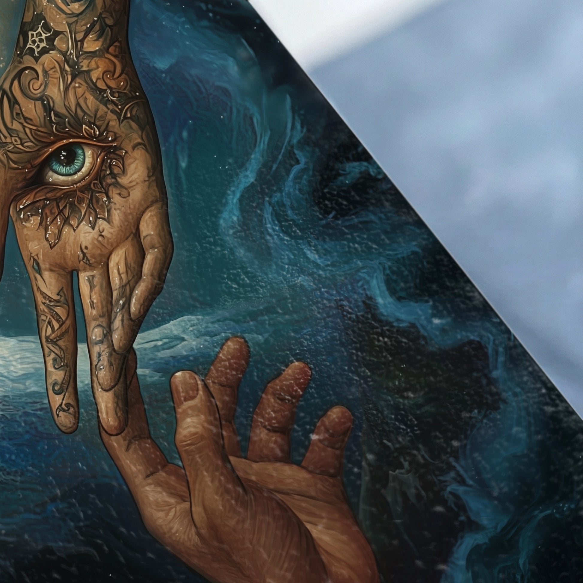 Mystical Eye Hand Reaching Art Blue Swirl Background product type