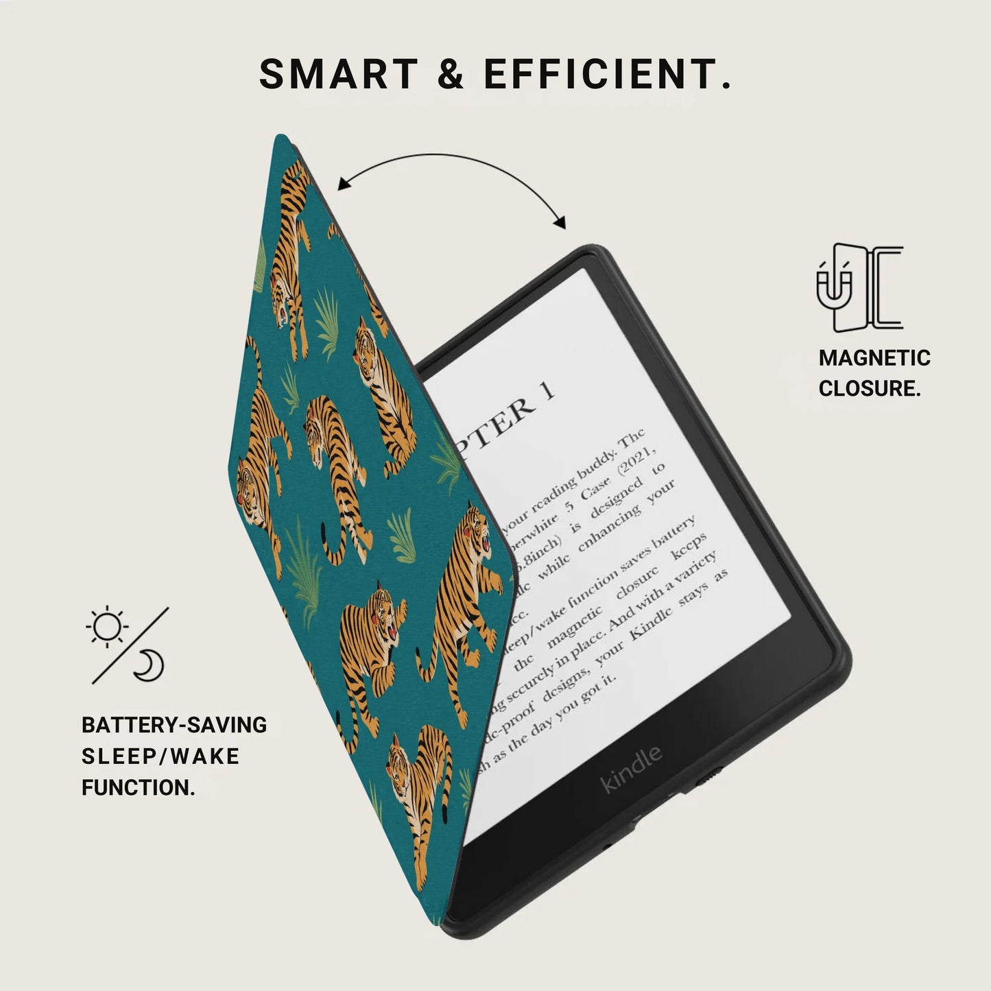 Kindle e-reader with tiger pattern cover showing magnetic closure and battery-saving function.