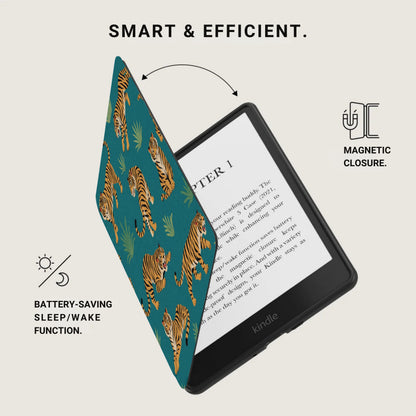 Kindle e-reader with tiger pattern cover showing magnetic closure and battery-saving function.