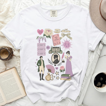 White t-shirt with Jane Austen-themed illustration featuring books, characters, and romantic elements.