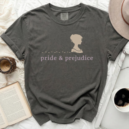Comfort Colors t-shirt with "Pride & Prejudice" text and silhouette of a woman.