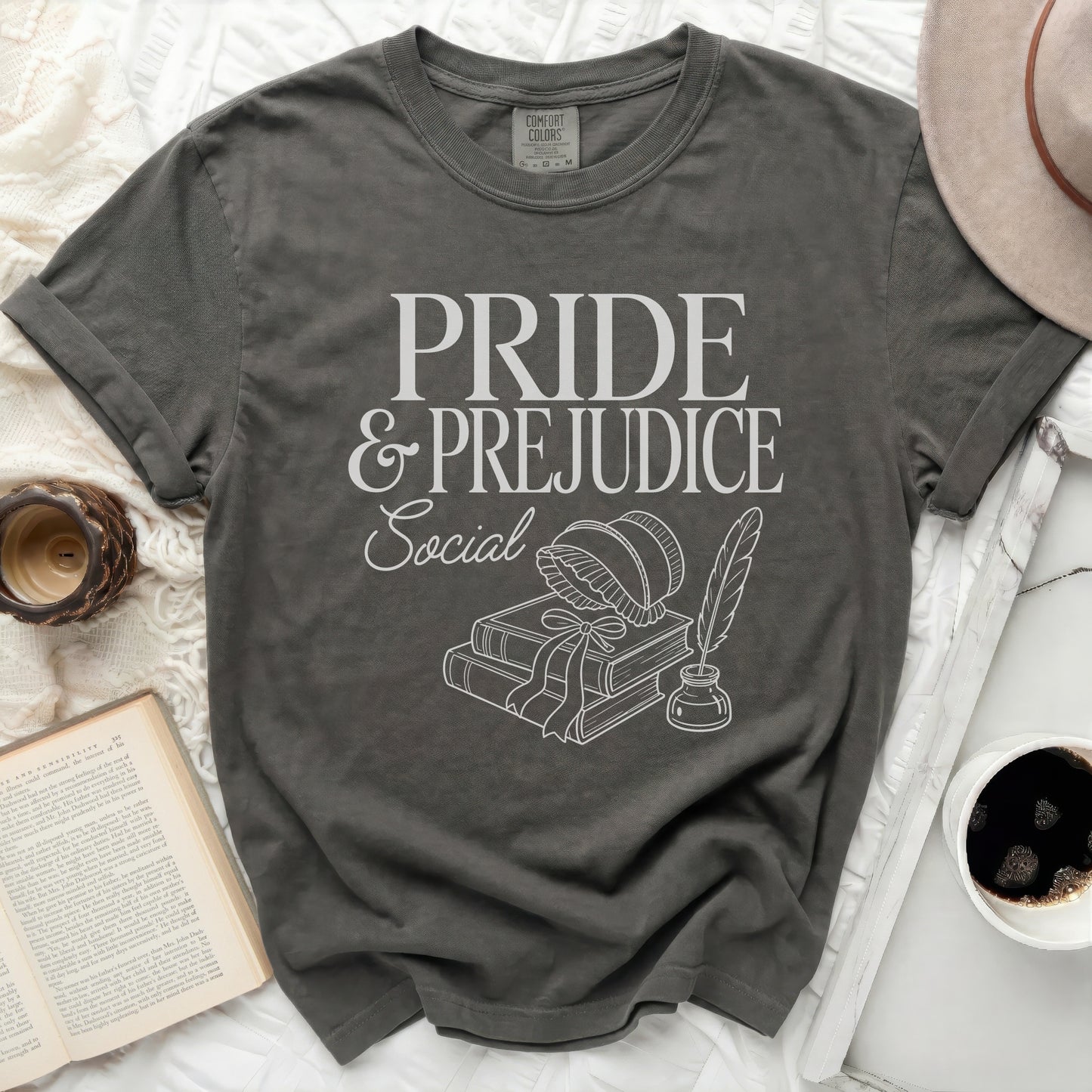 Pride and Prejudice Social graphic on a gray Comfort Colors t-shirt.