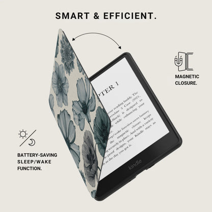 e-reader with floral case, magnetic closure, and battery-saving sleep/wake function.