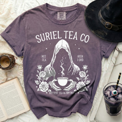 Suriel Tea Co shirt with grim reaper, roses, and text.