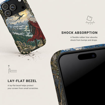 A smartphone case featuring a stained glass fantasy art design with a dragon and woman in a red cloak.