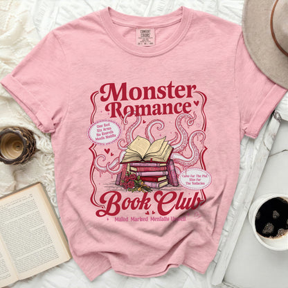 Pink t-shirt with "Monster Romance Book Club" design and tentacles.