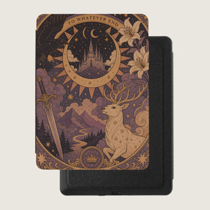 Fantasy art case with moonlit castle, stag, sword, and "TO WHATEVER END" text.