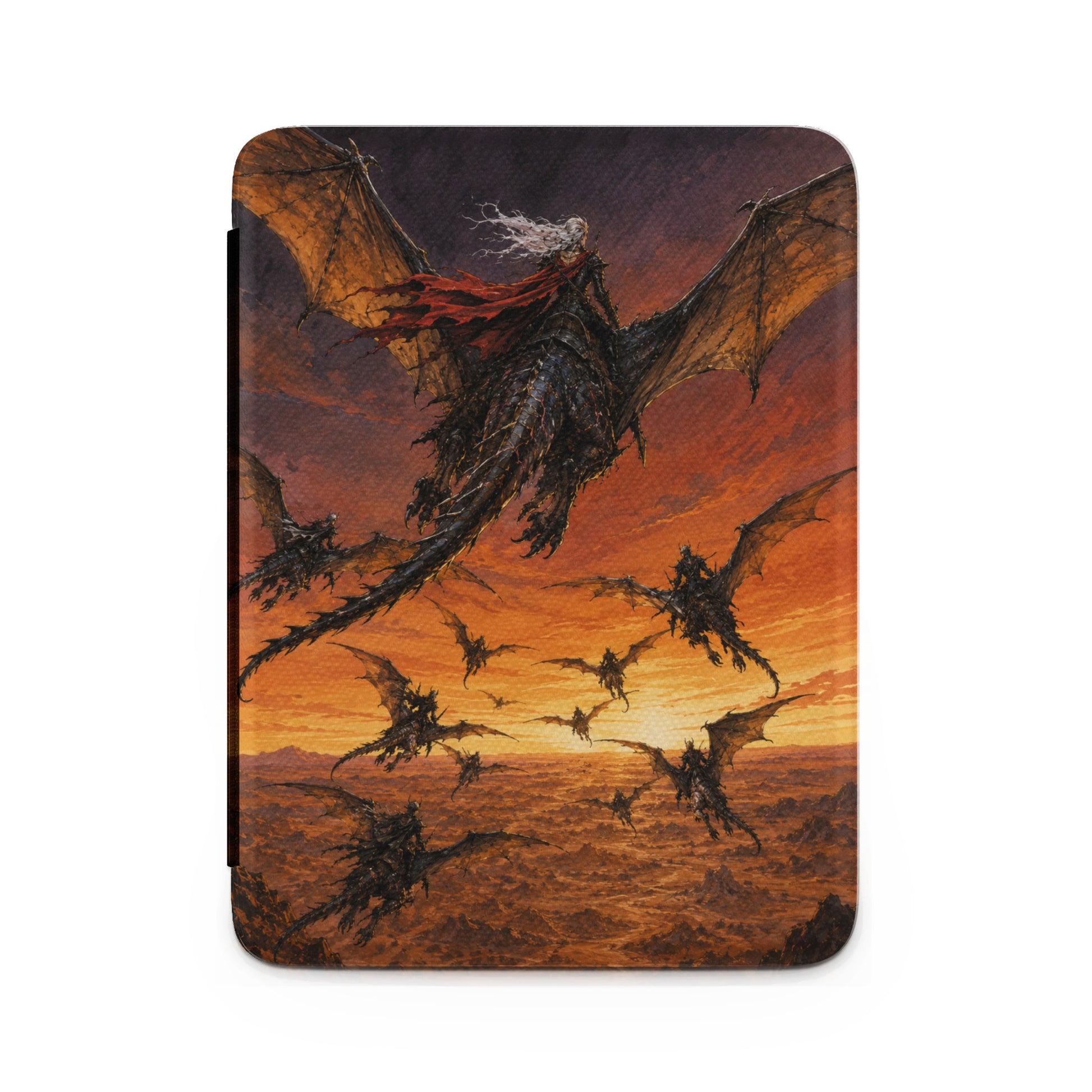 A commanding figure on a dragon leads a flight of dragons at sunset.