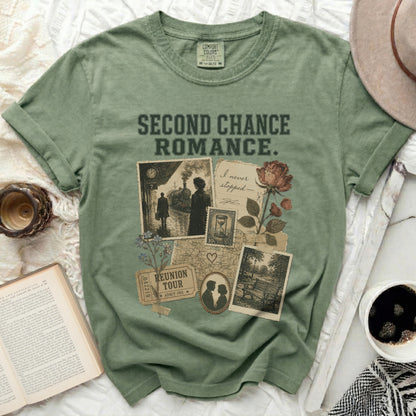 Green t-shirt with "SECOND CHANCE ROMANCE" and vintage collage.