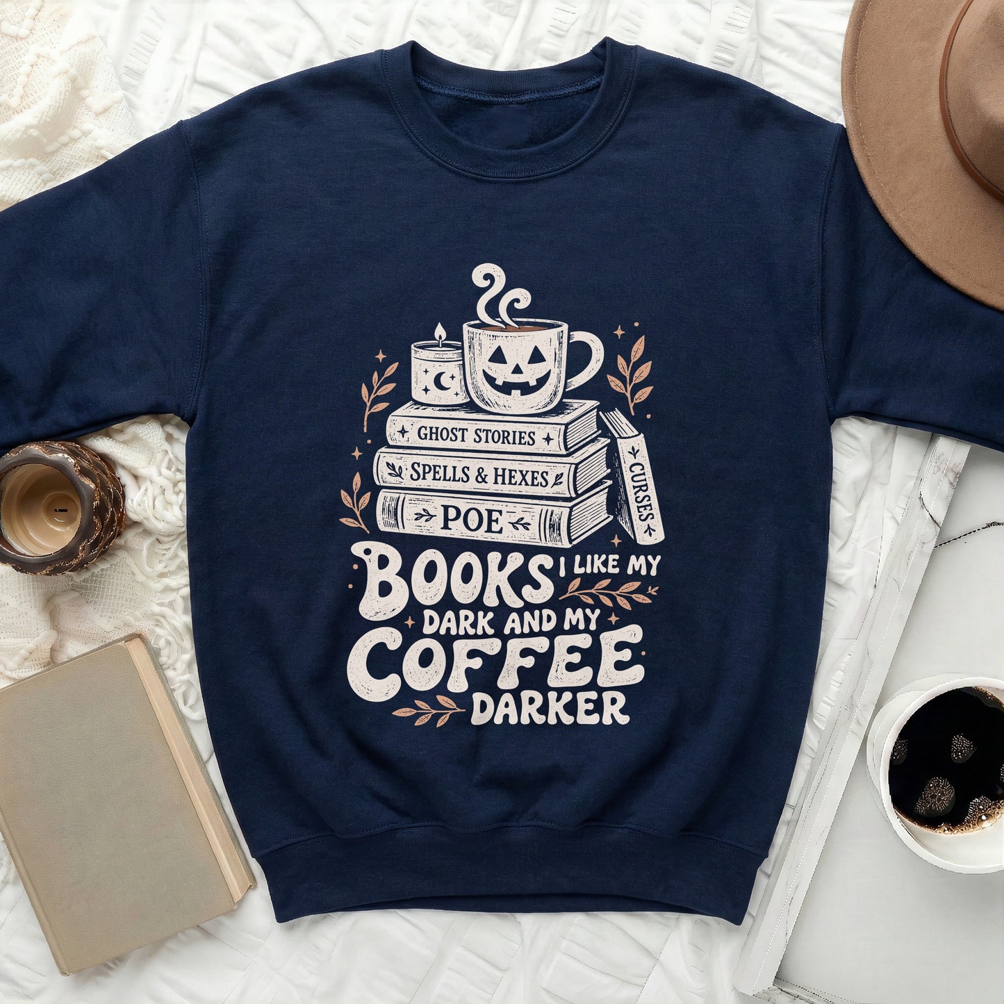 Navy sweatshirt with Halloween themed graphic: "Books I Like My Coffee Darker."