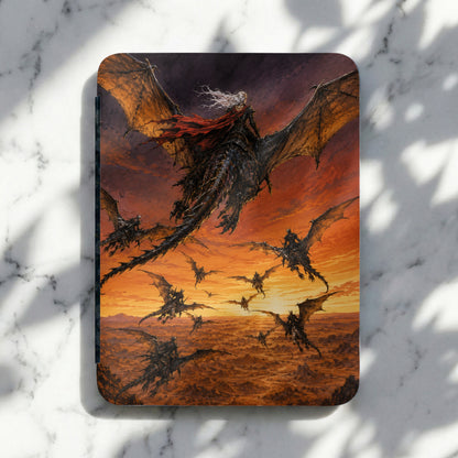 A rider on a dragon with a red cape leads a swarm of dragons across an orange sky.