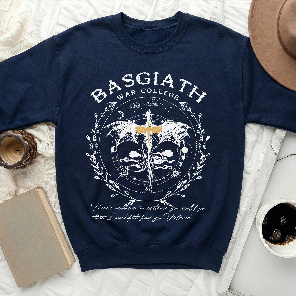 Navy sweatshirt with "Basgiath War College" text and a dragon crest graphic.