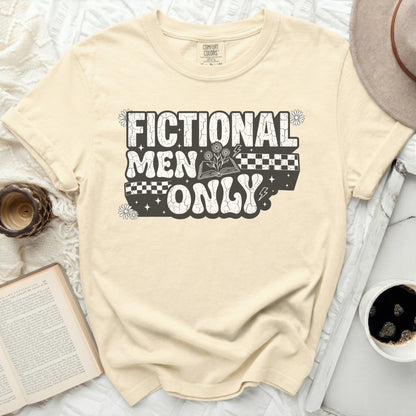 Comfort Colors t-shirt with "Fictional Men Only" text and book graphic.