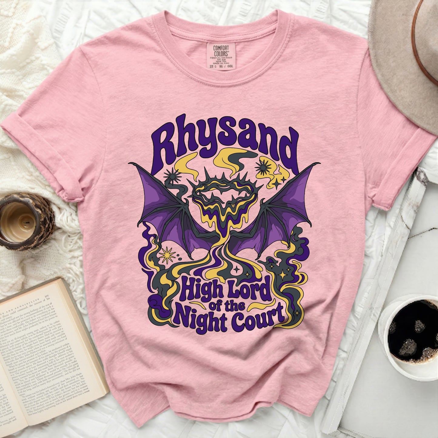 Pink t-shirt with "Rhysand High Lord of the Night Court" graphic.
