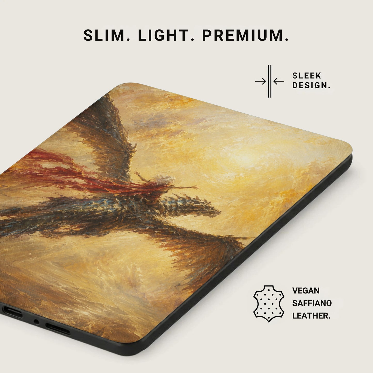 Slim case with dragon and rider painted design, vegan saffiano leather.