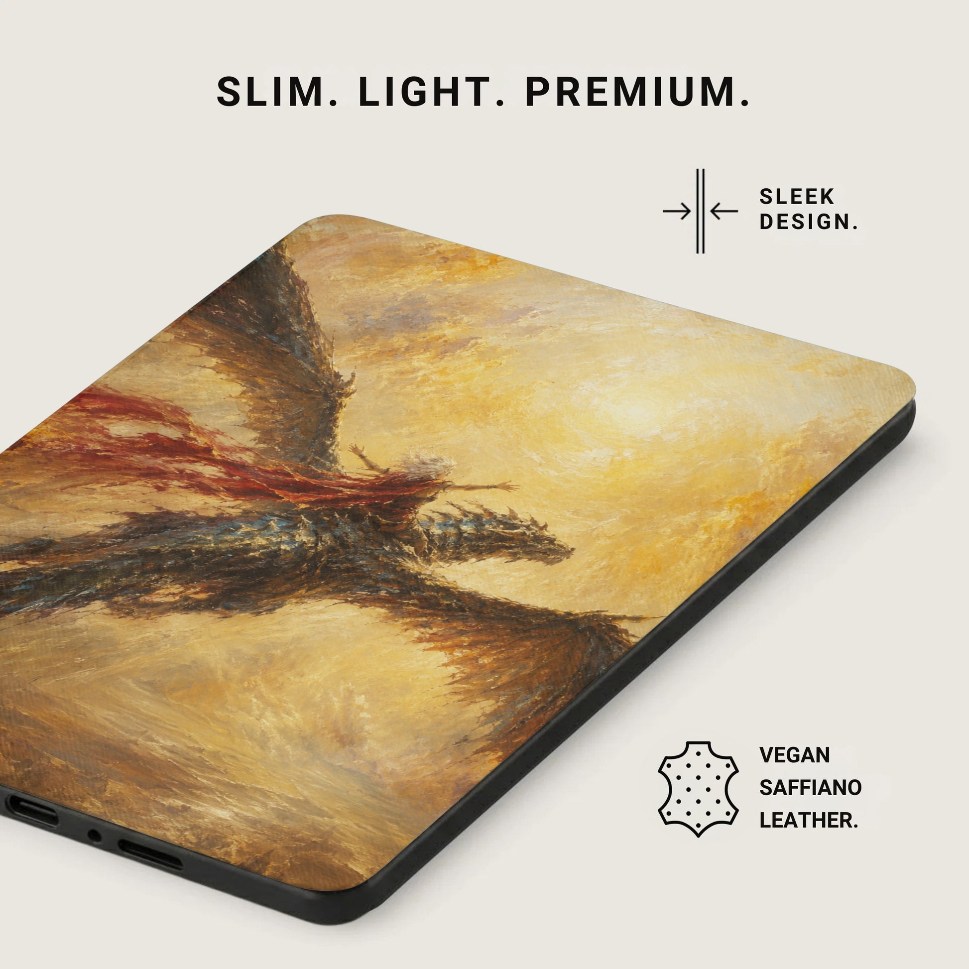 Slim case with dragon and rider painted design, vegan saffiano leather.