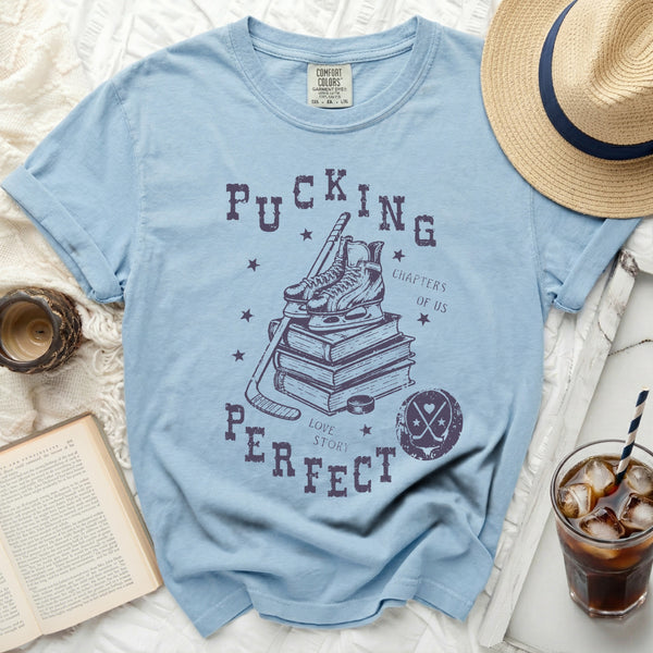 Pucking Perfect Hockey Love Story Tee in Chambray