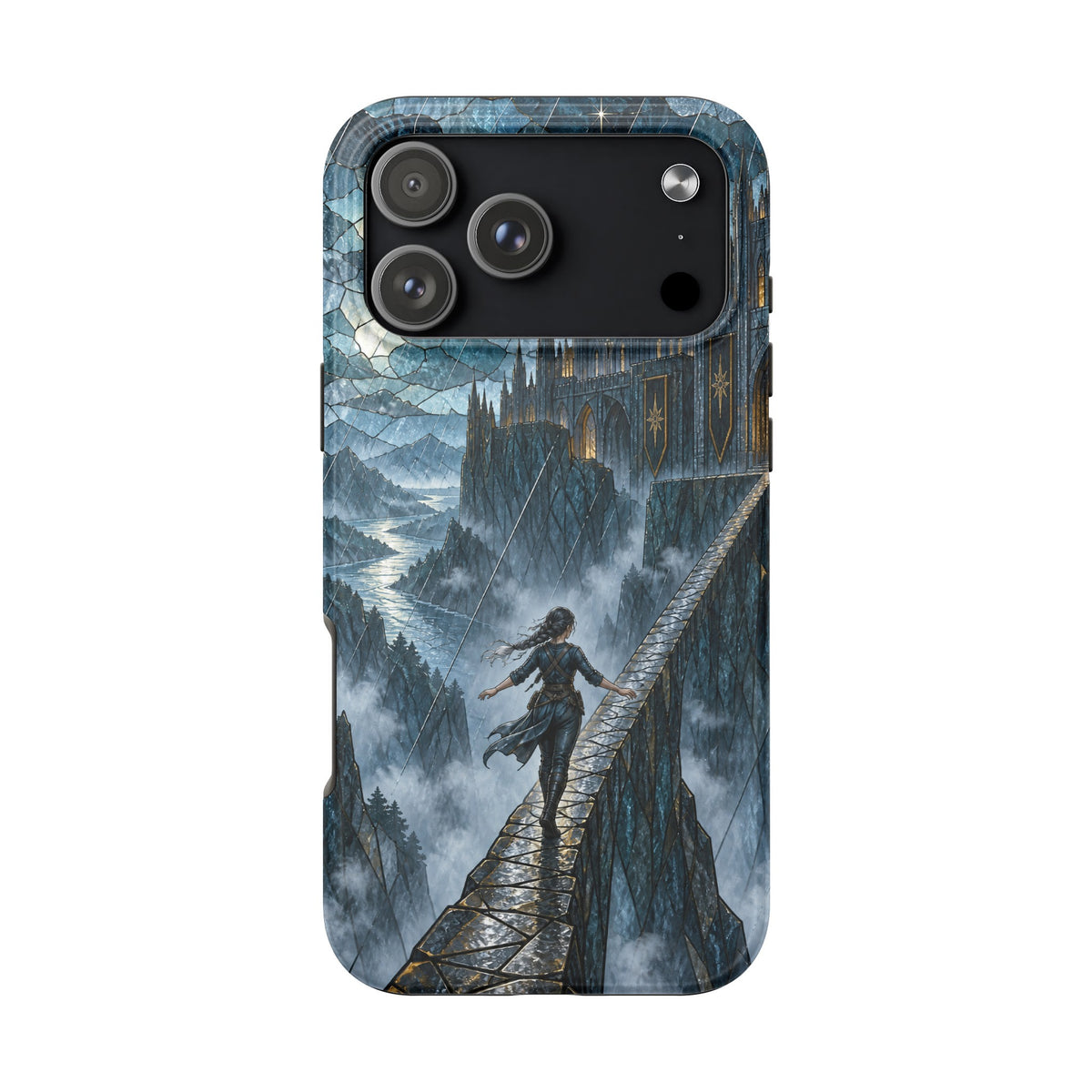 A smartphone case printed with a fantasy illustration of a person walking on a high bridge toward a castle.