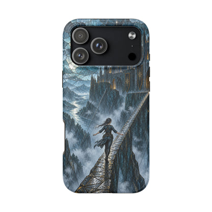 A smartphone case printed with a fantasy illustration of a person walking on a high bridge toward a castle.