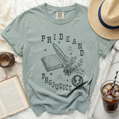 Comfort Colors t-shirt with "Pride and Prejudice" literary graphic.