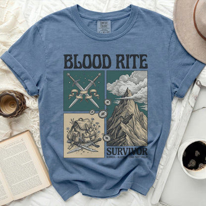 Blue t-shirt with "Blood Rite" and "Survivor" graphic.