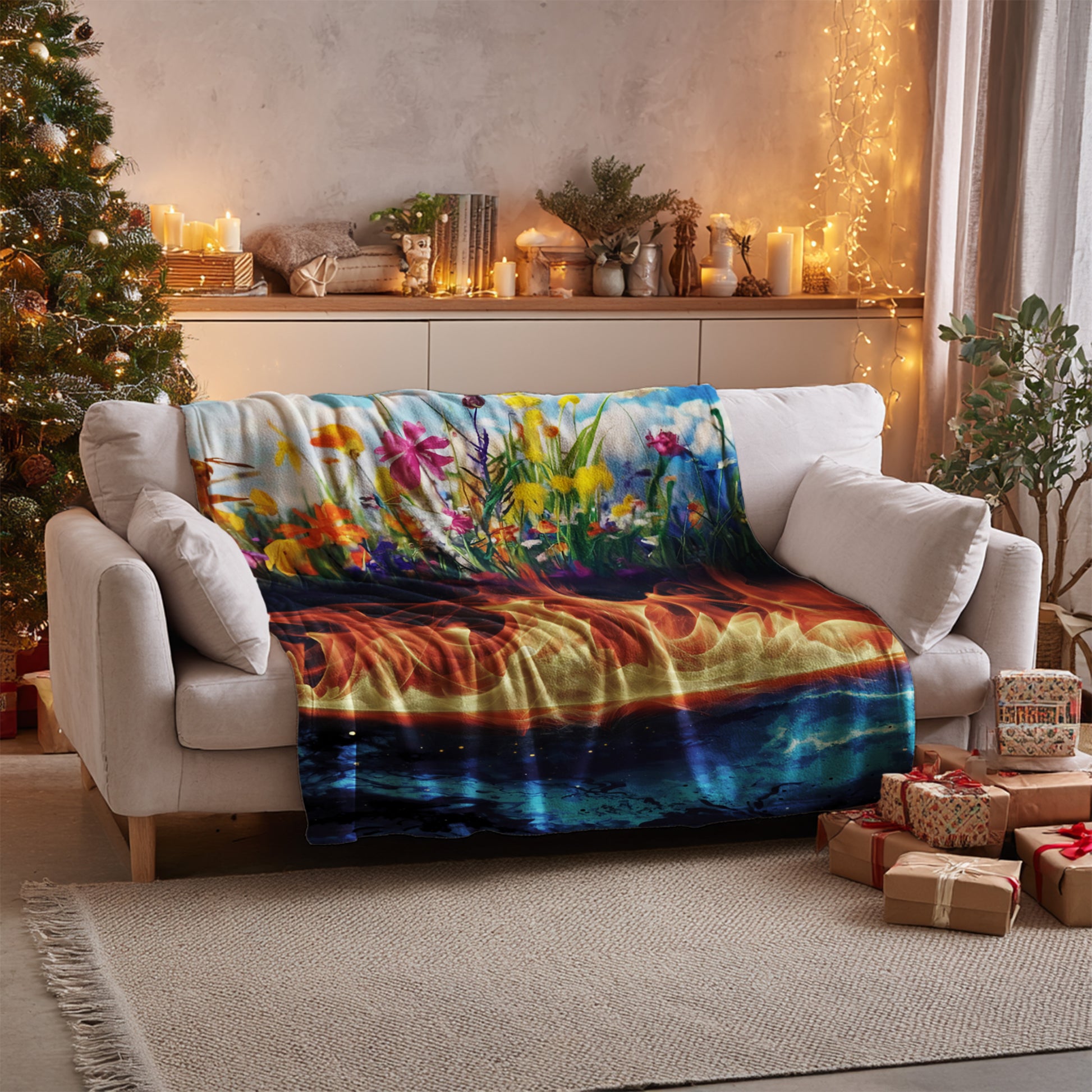Vibrant Floral and Flames Art Blanket Perfect for Cozy Nights