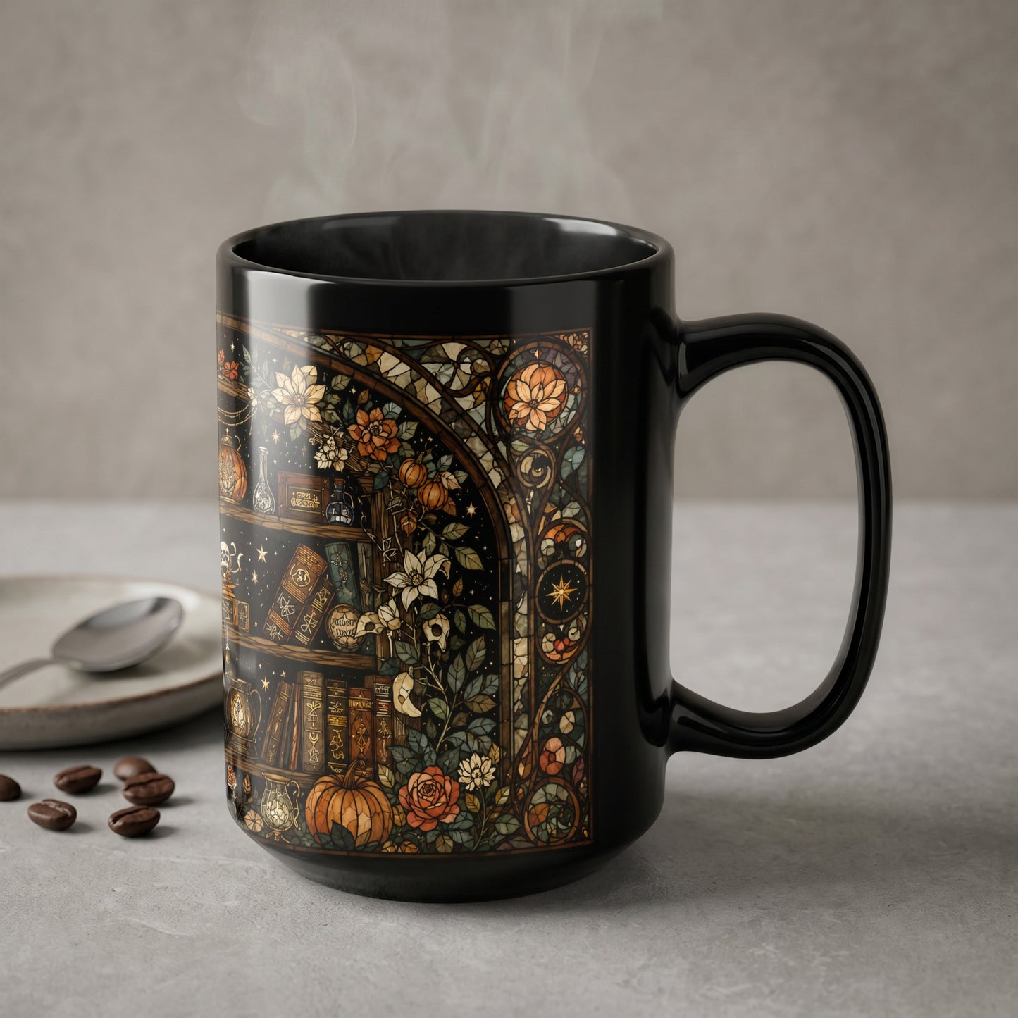 Black mug with a stained-glass design of a bookshelf, flowers, and a pumpkin.