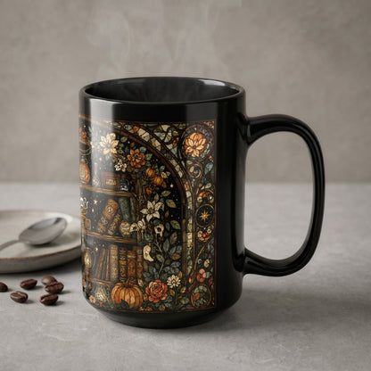 Black mug with a stained-glass design of a bookshelf, flowers, and a pumpkin.