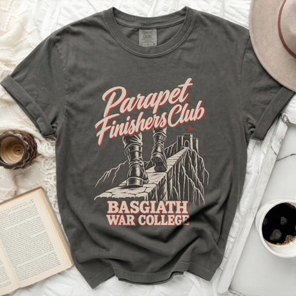 Grey t-shirt with "Parapet Finishers Club Basgiath War College" graphic.