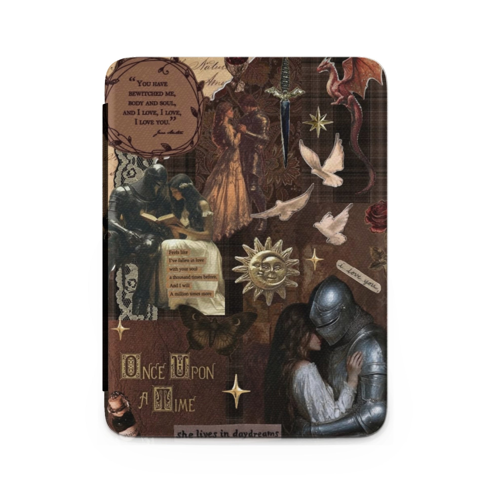 Collage with knights, a dragon, doves, a dancing couple, and quotes from Jane Austen.