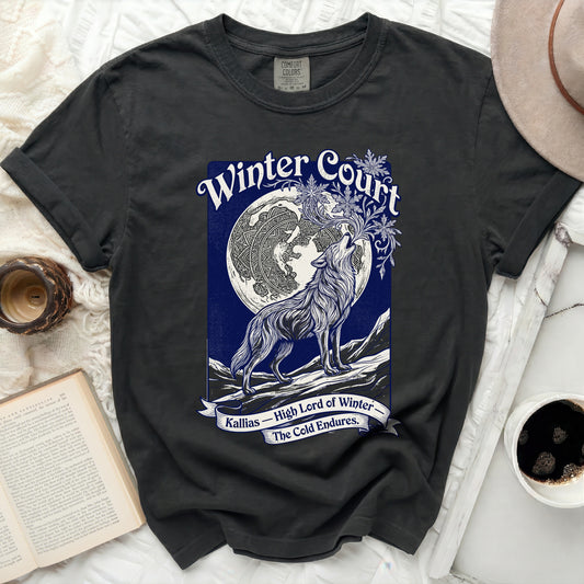 Dark gray Comfort Colors t-shirt with "Winter Court Kallias - High Lord of Winter The Cold Endures" graphic.