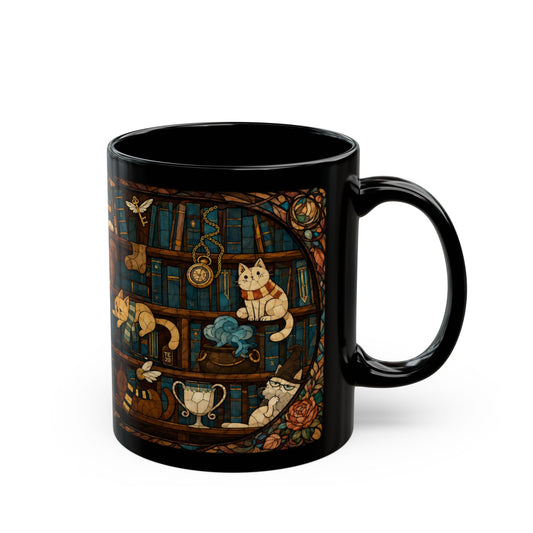 Black mug with stained glass design featuring cats and magical items on bookshelves.